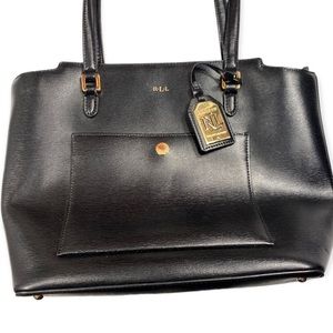 Lauren Ralph Lauren Lowell Pocket City Black Leather Tote